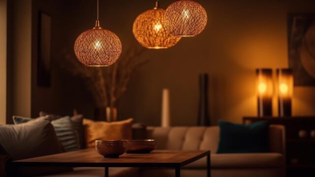 rasvjeta stana po noci sa 3 lampe u kineskom stilu