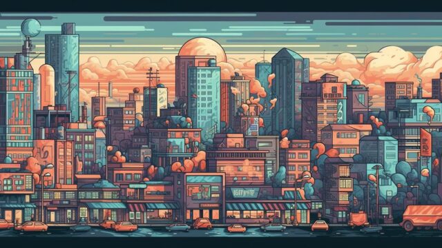 Nacrtana slika prikaz velikog grada koji predstavlja ogromno tržište nekretnina